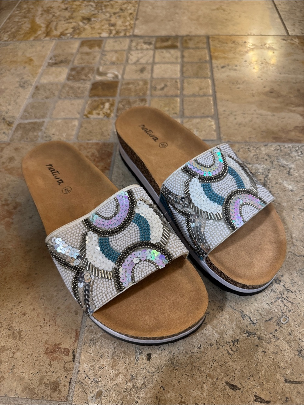 Natura White Beaded Slide Sandals with Iridescent Accents